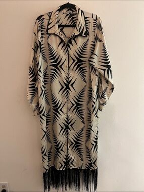 Fashion Nova Black & Cream Boho Print Fringe Button-Up Dress Size 1X